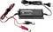 Battery charger with red and black cable clamps and power cord. The device displays charging modes and status indicators on front panel.