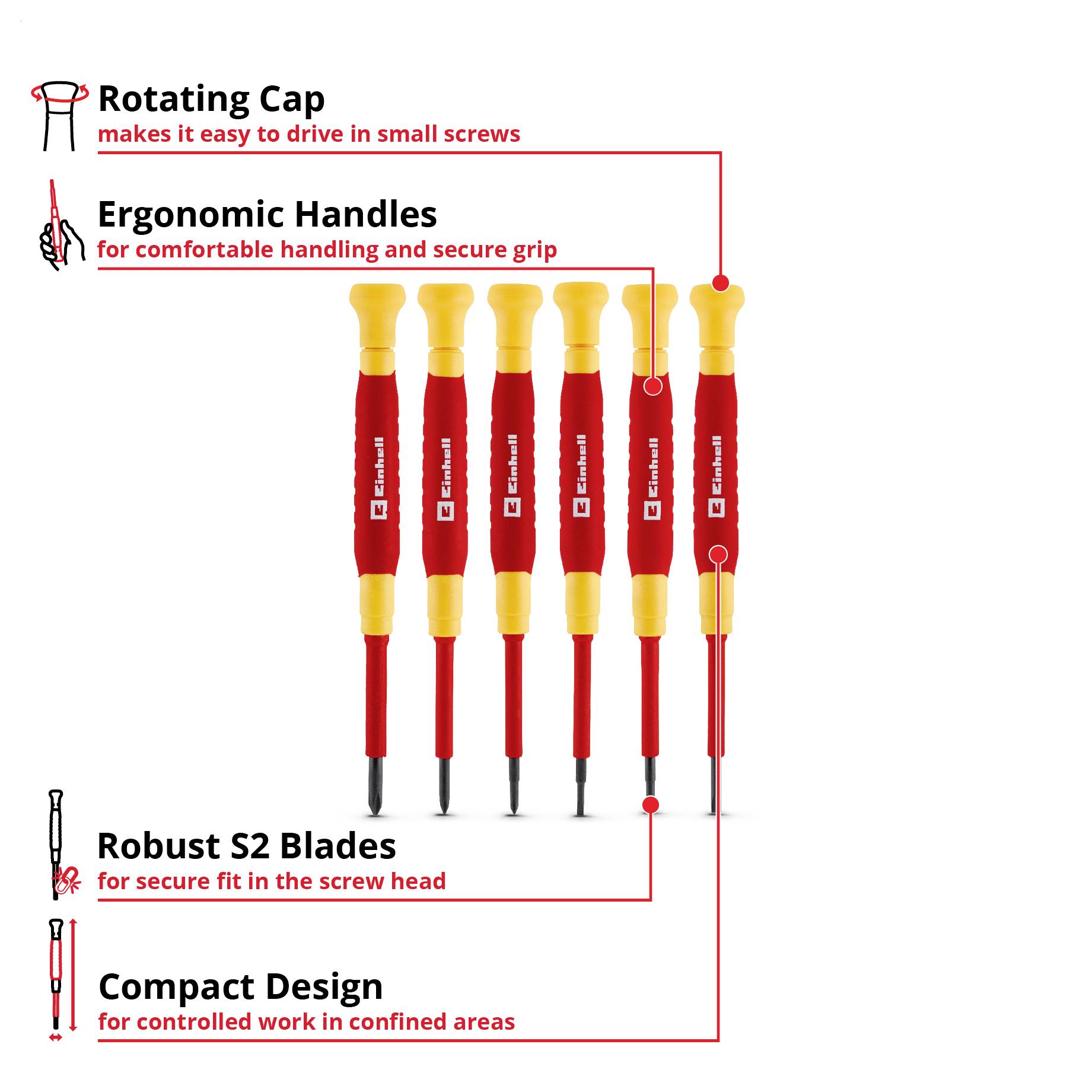 Six insulated screwdrivers shown front view with sizes labeled PH1, PH0, PH00, SL2.0, SL2.5, and SL3.0; 50 mm shaft length indicated.