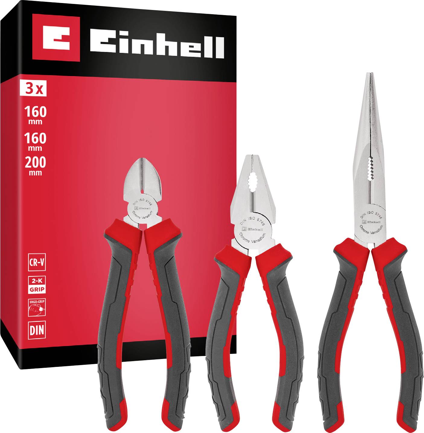 Einhell three-piece pliers set shown with packaging, including 160 mm, 160 mm, and 200 mm pliers with red-and-black grips.
