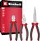 Einhell three-piece pliers set shown with packaging, including 160 mm, 160 mm, and 200 mm pliers with red-and-black grips.