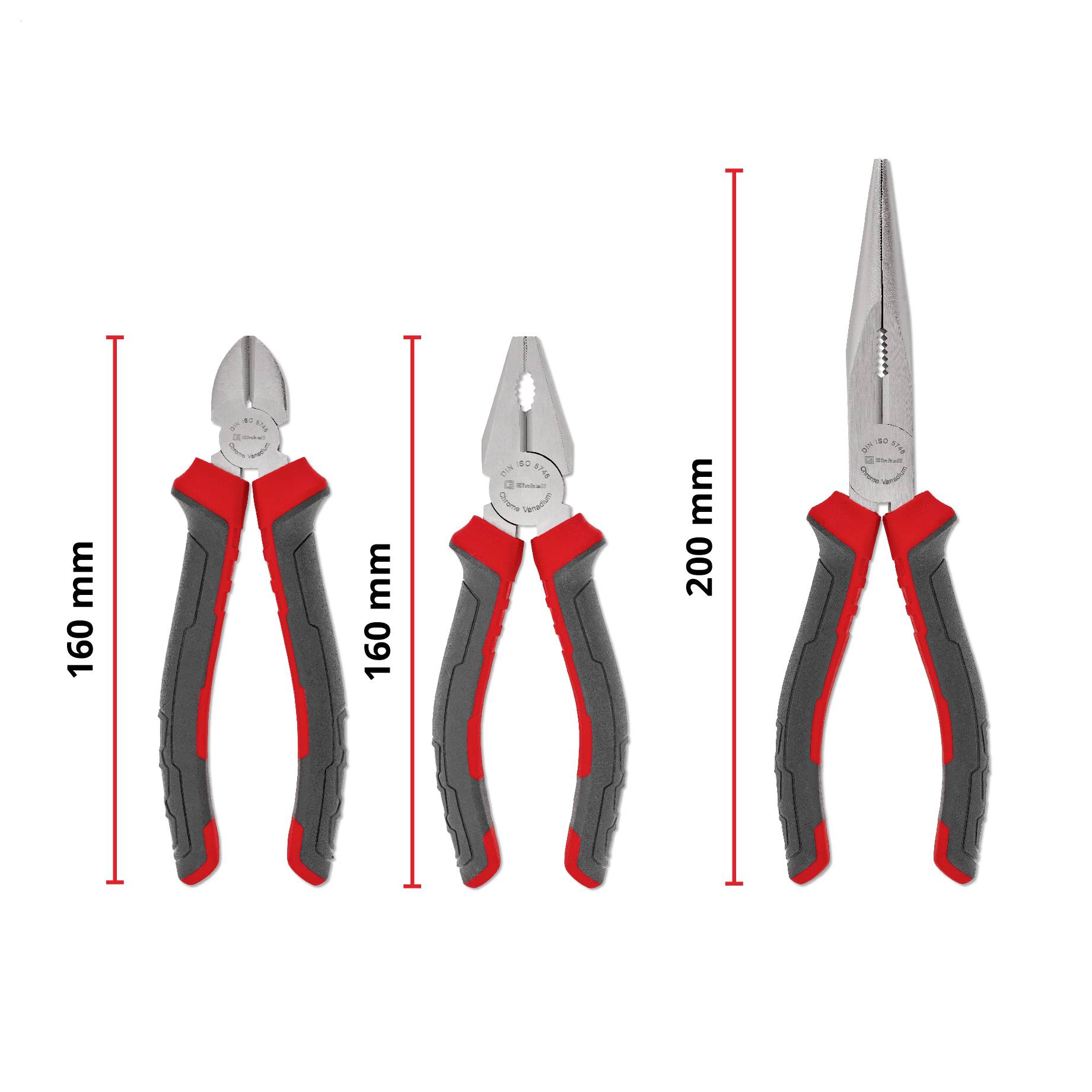 Three pliers tools shown side by side with size labels: 160 mm, 160 mm, and 200 mm.