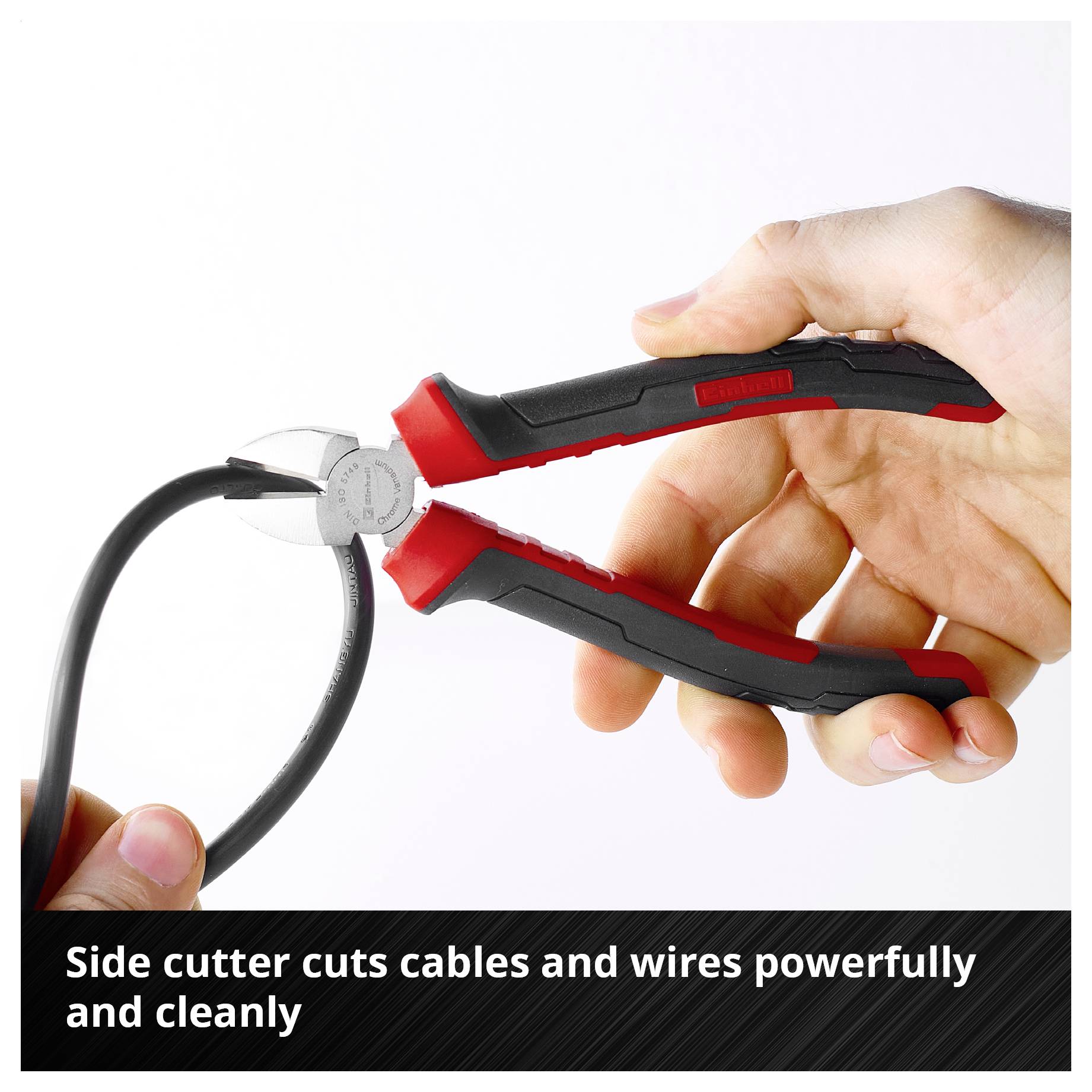 Hand cuts a cable with side cutters; below it says 'Side cutters cut cable and wires powerfully and cleanly'.