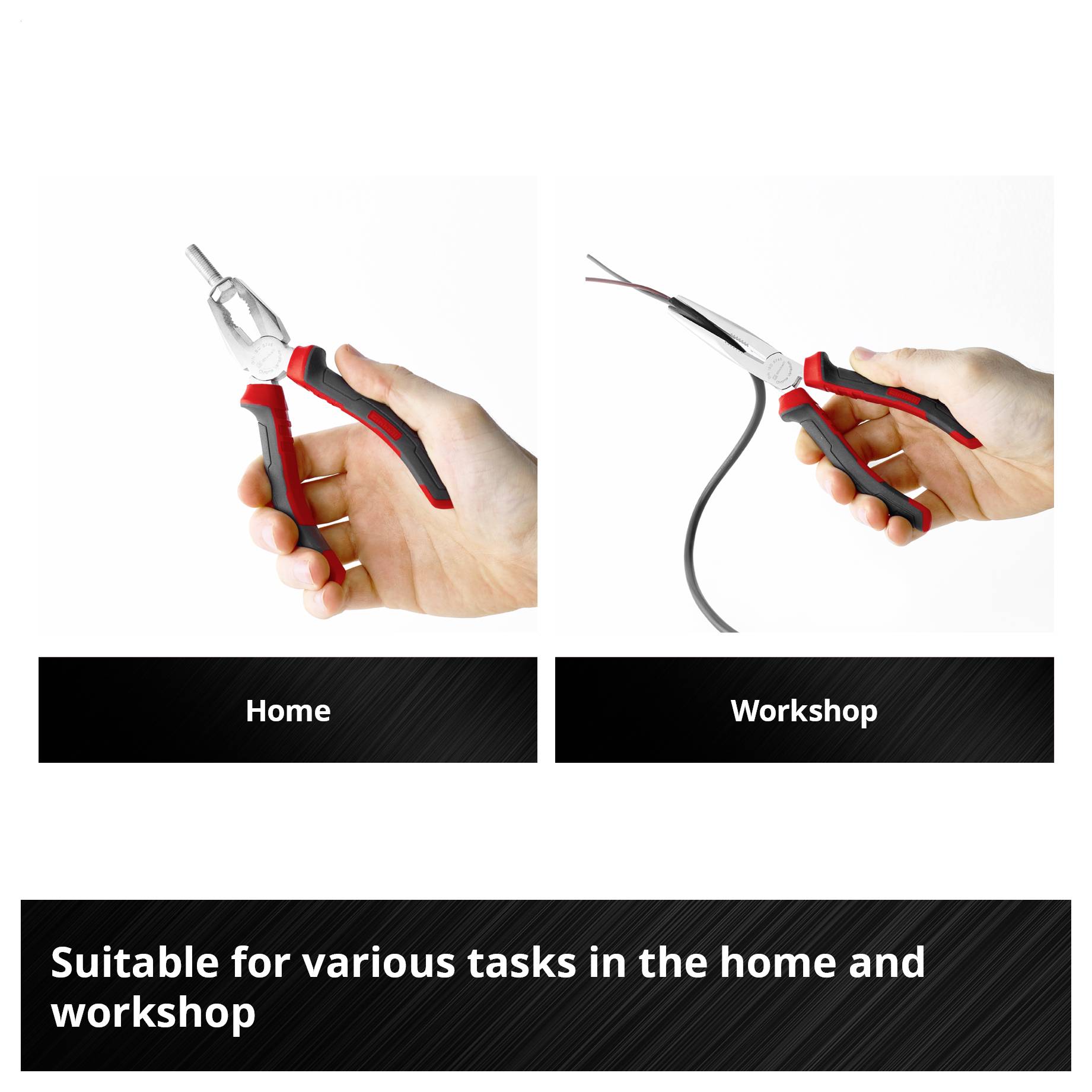 Comparison image with two tools: on the left pliers for 'household', on the right combination pliers for 'workshop'; underneath it says 'Suitable for versatile work in household and workshop'.