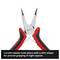 Hand gripping a pair of pliers with red and black ergonomic handles; text: 'Two-component ergonomic handles offer a firm and slip-resistant grip'