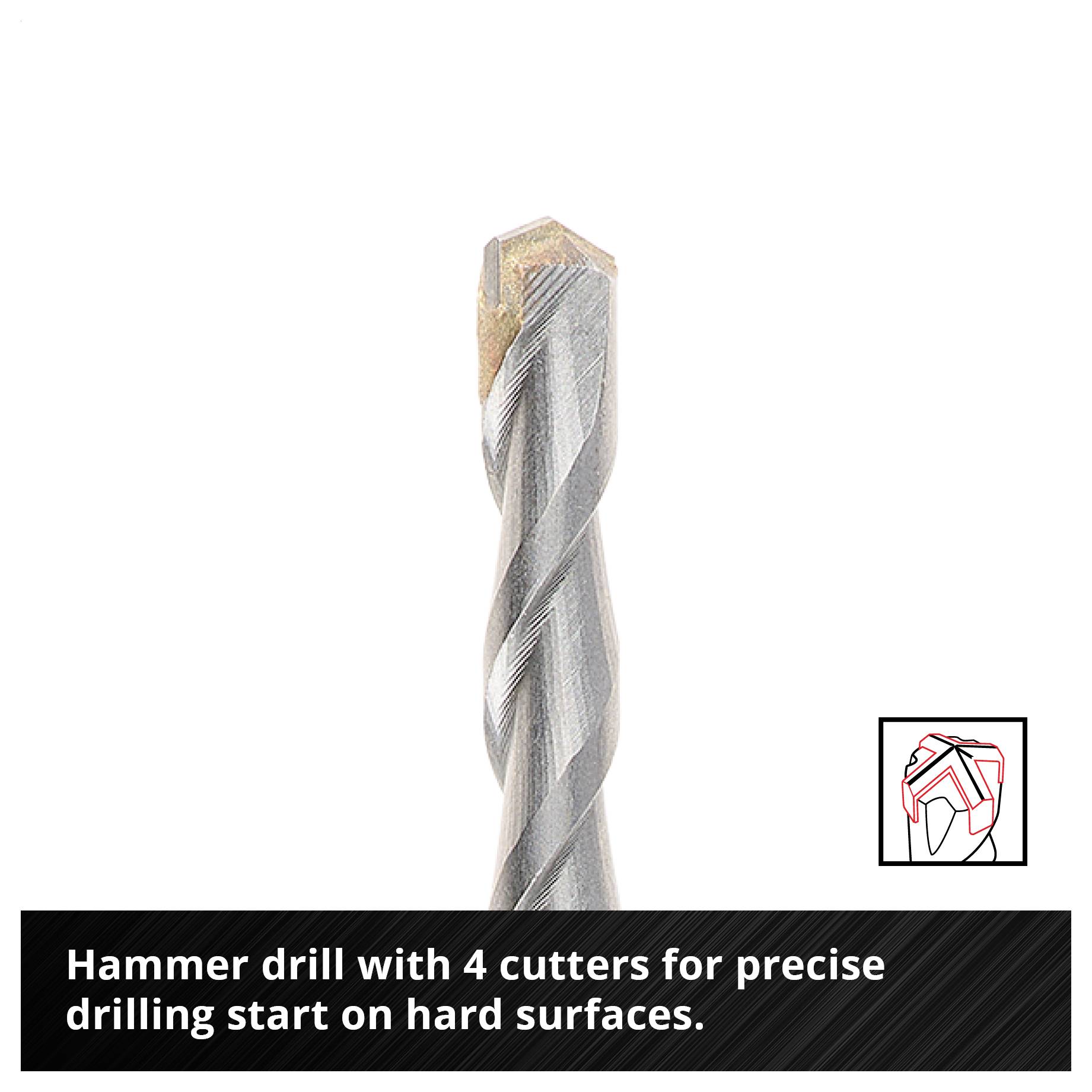 Infographic of an SDS-Plus drill bit with labels: fluted outer surface, integrated removal holes, eight HM teeth and four-cutting centre drill for efficient drilling in concrete and masonry.