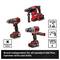 Advertising graphic featuring three red cordless hammer drills/drill machines and pictograms; text: 'Brand-independent for all standard commercially available SDS Plus hammer drills and drill machines'.