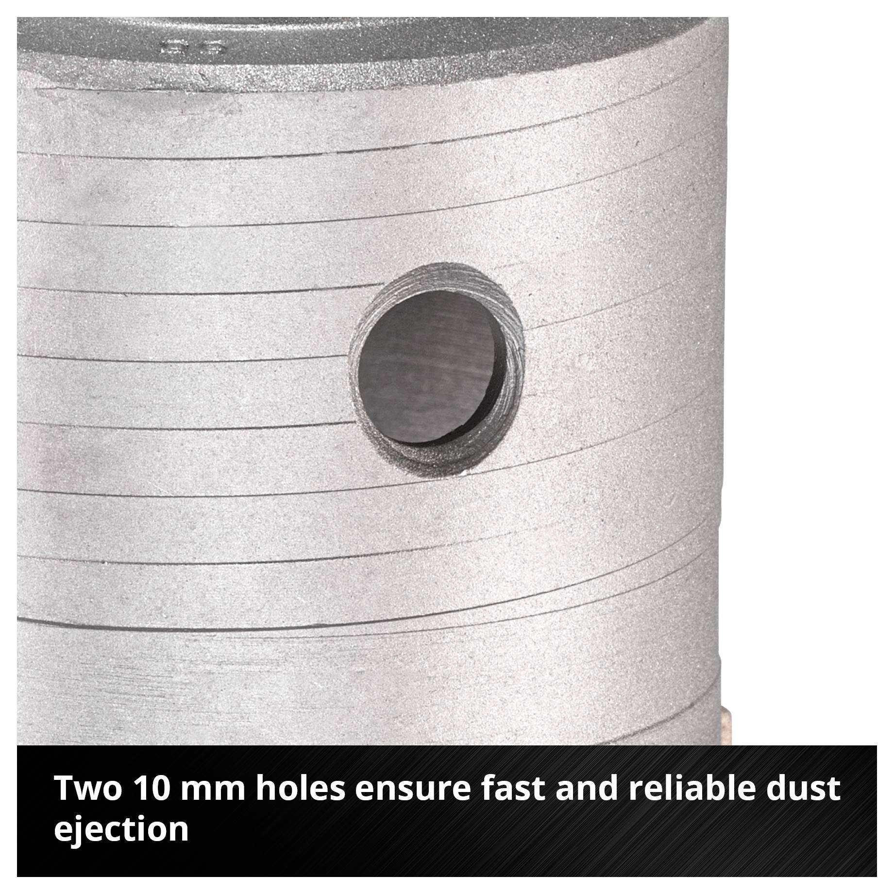 Close-up of a grey cylinder with a drill hole; caption: 'Two 10 mm drill holes channel drill swarf quickly and reliably away'.