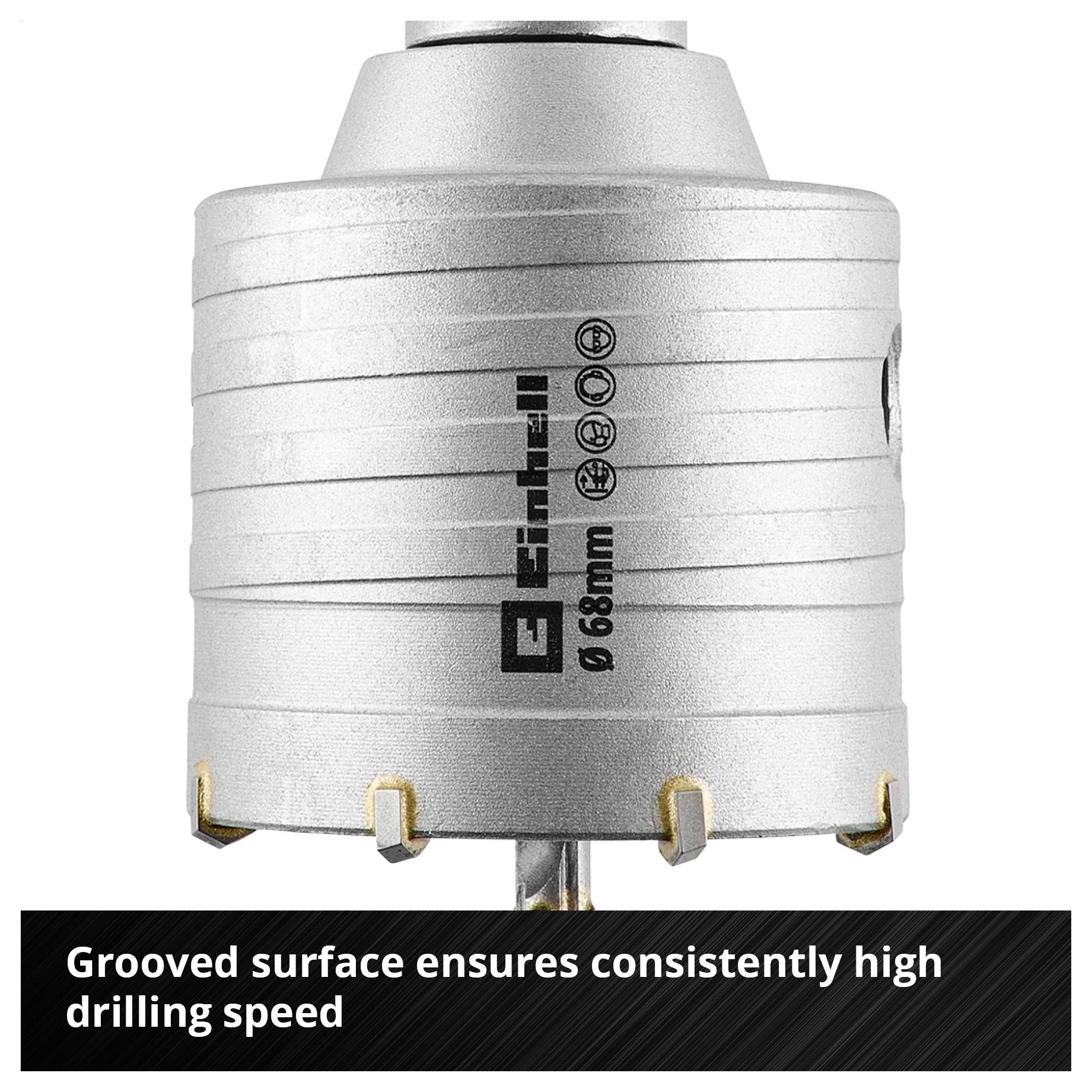 Grey 68 mm hole saw attachment with fluted outer surface; text states: 'Fluted outer surface ensures consistently high drilling progress'.