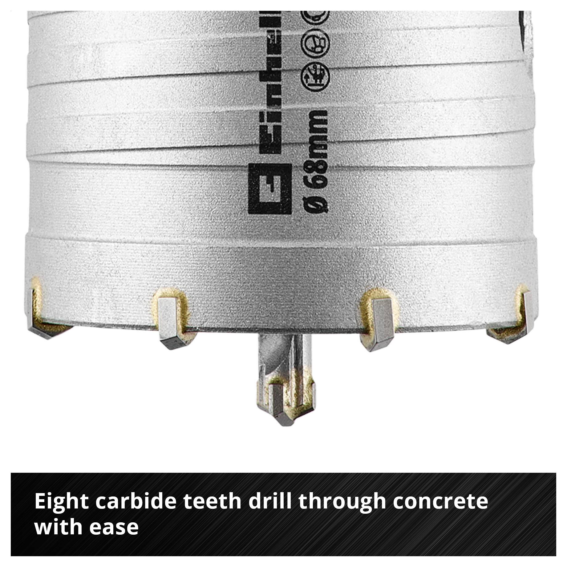 Diamond hole saw with 68 mm diameter and carbide teeth; Text: 'Eight carbide teeth drill effortlessly through stone and concrete'.