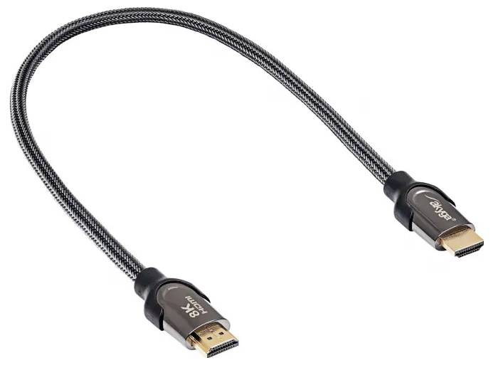 A braided HDMI cable with gold-plated connectors, suitable for high-definition video and audio transmission.
