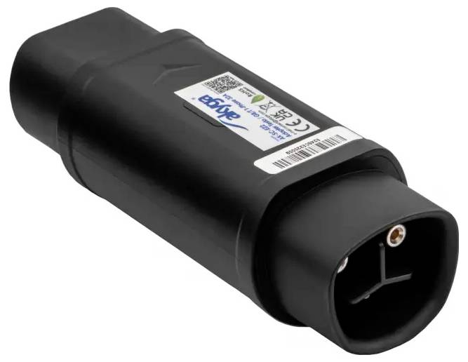 A black cylindrical electric plug connector with a barcode and certification labels, used for industrial or commercial wiring applications.