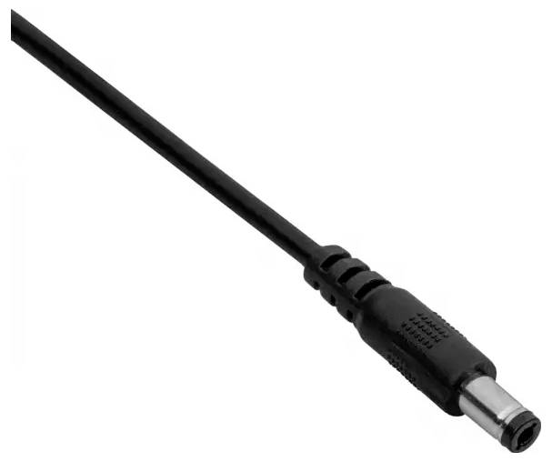 'Black connector cable with cylindrical plug end, commonly used for electronic devices like laptops or cameras.'