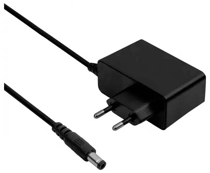 A black power adapter with a European plug and a cylindrical connector.