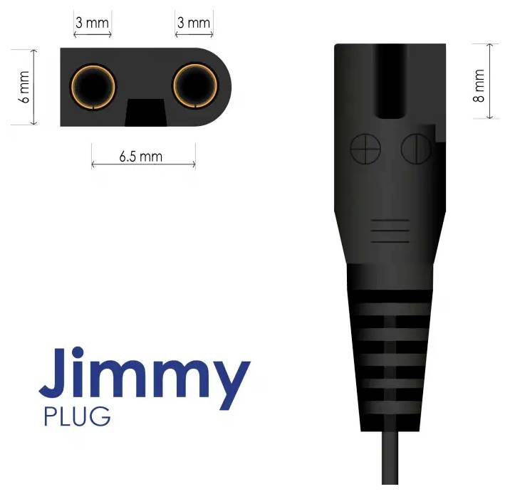 'Jimmy Plug' illustration showing a black, two-pin electrical plug with measurements: 6.5 mm wide, 6 mm tall, and 8 mm height.