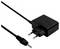 A black power adapter with a two-prong plug connected to a thin cable ending in a small, yellow-tipped connector.