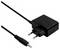 A black power adapter with a plug and cable extends to a cylindrical connector, typically used for charging electronic devices.