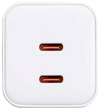A white square-shaped wall socket with two horizontal red slots for plug insertion, designed for power supply connections.