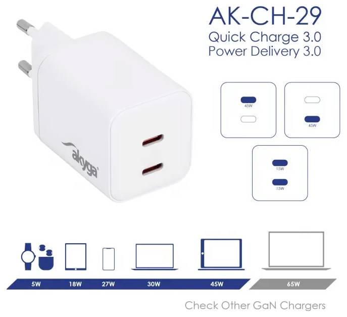 'AK-CH-29 Quick Charge 3.0 Power Delivery 3.0' charger with dual USB-C ports. Supports 45W and 15W outputs. Compatible with phones, tablets, and laptops.