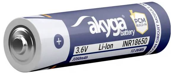 A lithium-ion battery labeled 'akyga 3.6V Li-Ion INR18650' with 'PCM Built-In' and '12.06Wh' marked, showing positive end on the left.