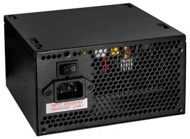 A black computer power supply unit with a power switch, a cooling vent, and text indicating 'INPUT: 220/230VAC.'