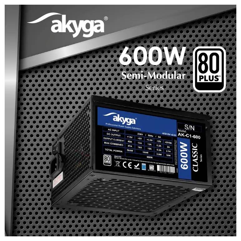 'Akyga 600W Semi-Modular Power Supply' with 80 PLUS certification, shown against a perforated metal background.