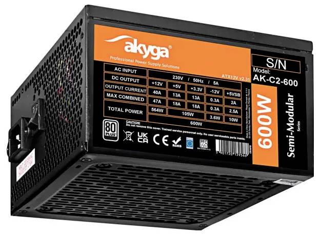 'Akyga 600W semi-modular power supply, model AK-C2-600. Features: 80 Plus certification, various voltage outputs, and 600W total power.'