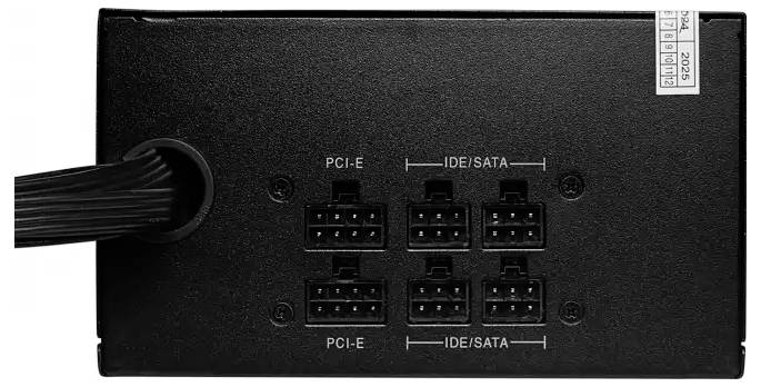 A power supply unit showing six connector ports labeled 'PCI-E' and 'IDE/SATA,' with a cable attached to the side.