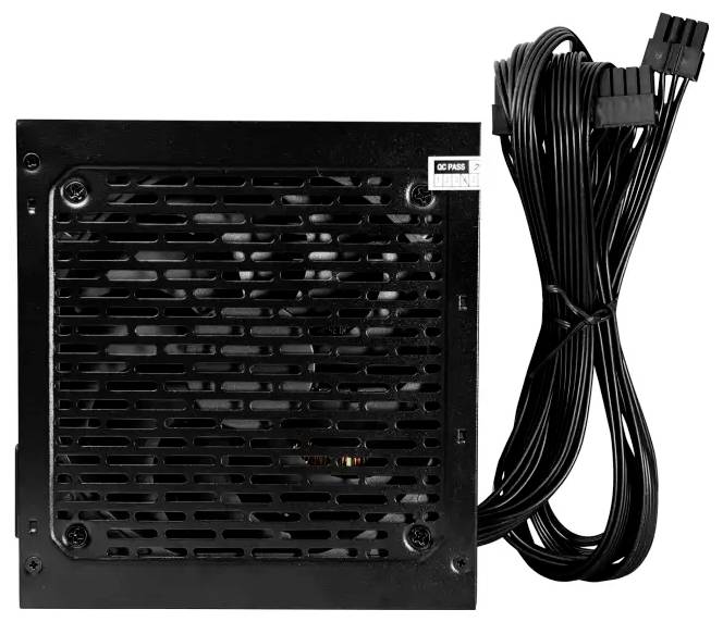 'Black computer power supply with ventilation grill and attached cables on the right.'