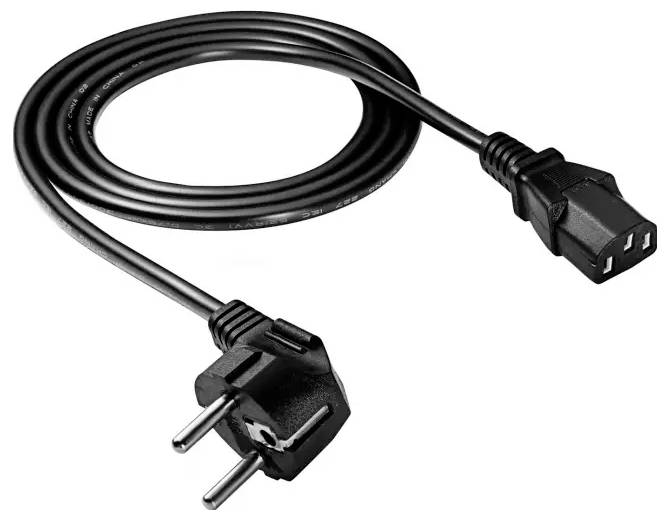 'A black power cord with a European plug on one end and an IEC C13 connector on the other.'