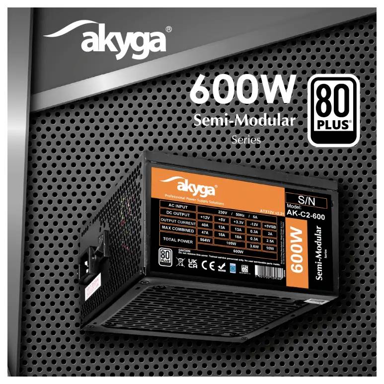 'Image of an Akyga 600W semi-modular power supply. Features include 80 PLUS certification and visible input/output specifications on the side label.'