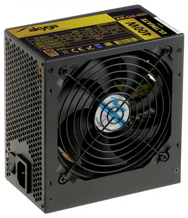 'ATX ULTRA 400W' computer power supply unit with a cooling fan, power cord socket, and technical details label on top.