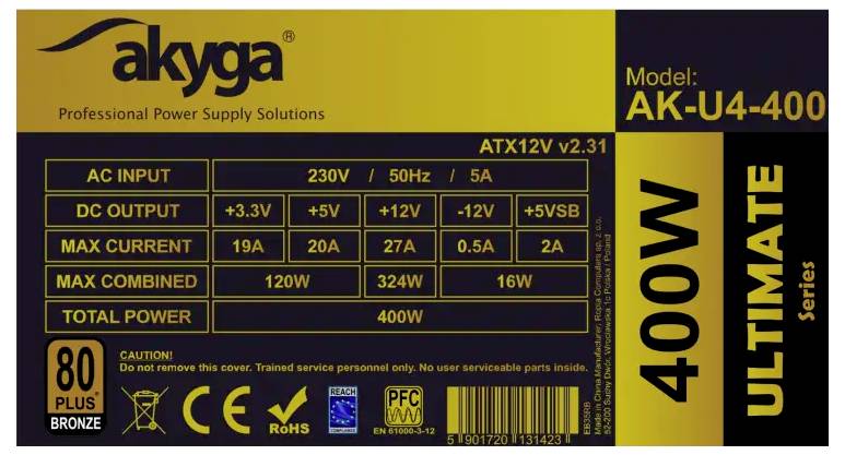 '400W Ultimate Series Power Supply Label: Model AK-U4-400. AC Input: 230V, 50Hz, 5A. DC Output: +3.3V, +5V, +12V, +12V, -12V, +5VSB. Efficiency: 80 Plus Bronze.'