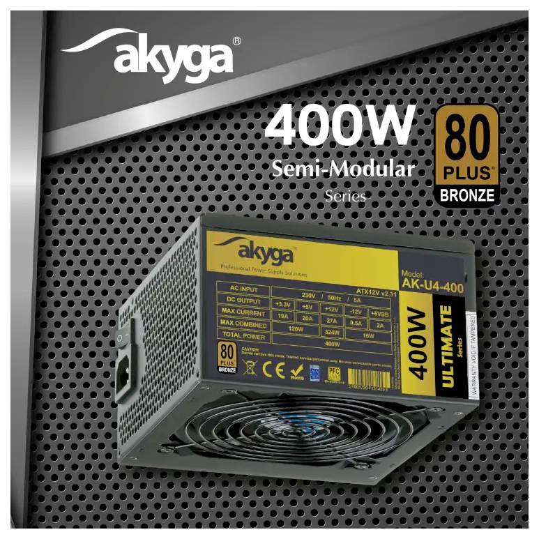 'AK-U4-400' 400W semi-modular power supply by Akyga, 80 Plus Bronze certified. Featured against a dotted black background.