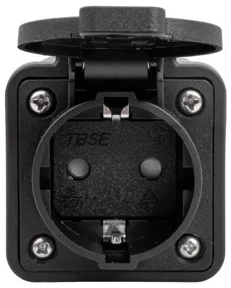 A black, square electrical outlet with a hinged cover, marked with the letters 'TBSE' on the inside faceplate.