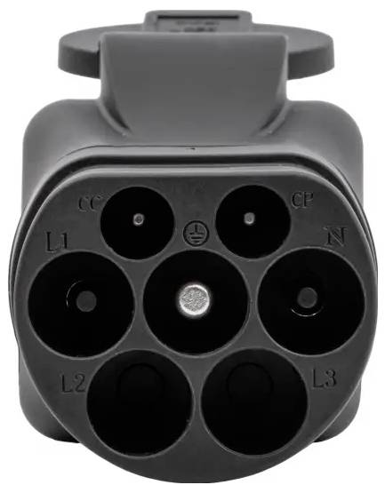 'Close-up of an electric vehicle charging connector with multiple sockets labeled L1, L2, L3, N, CC, and CP, showcasing detailed pin configuration.'