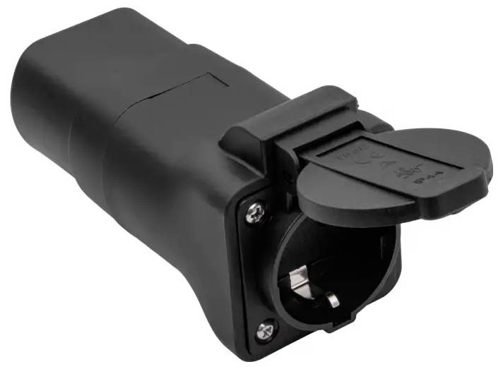 'Black electrical plug with protective flap open, showing metal connectors inside; intended for heavy-duty industrial use.'