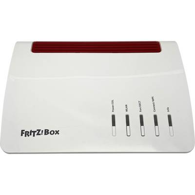 A white 'FRITZ!Box' router with indicator LEDs for power/DSL, WLAN, phone/DECT, connect/WPS, and info, under a red vent.