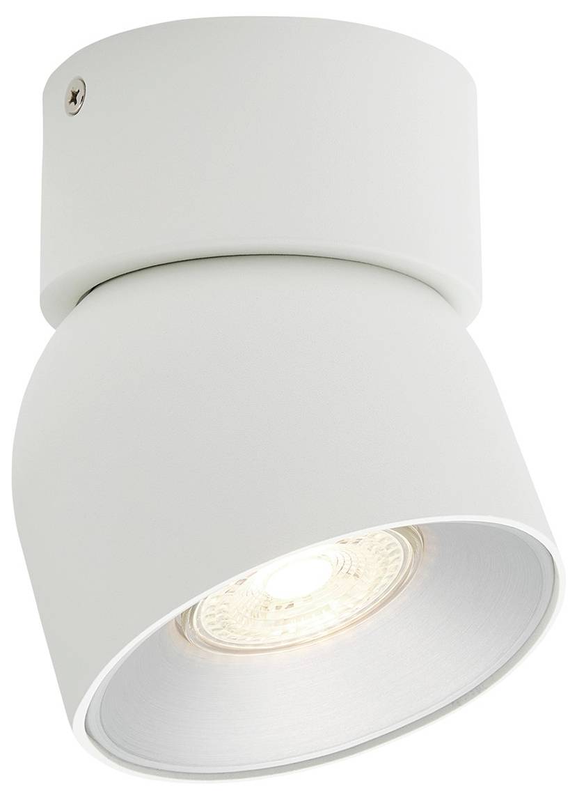 A white ceiling-mounted spotlight with a round, minimalist design, turned on and emitting warm light downwards.