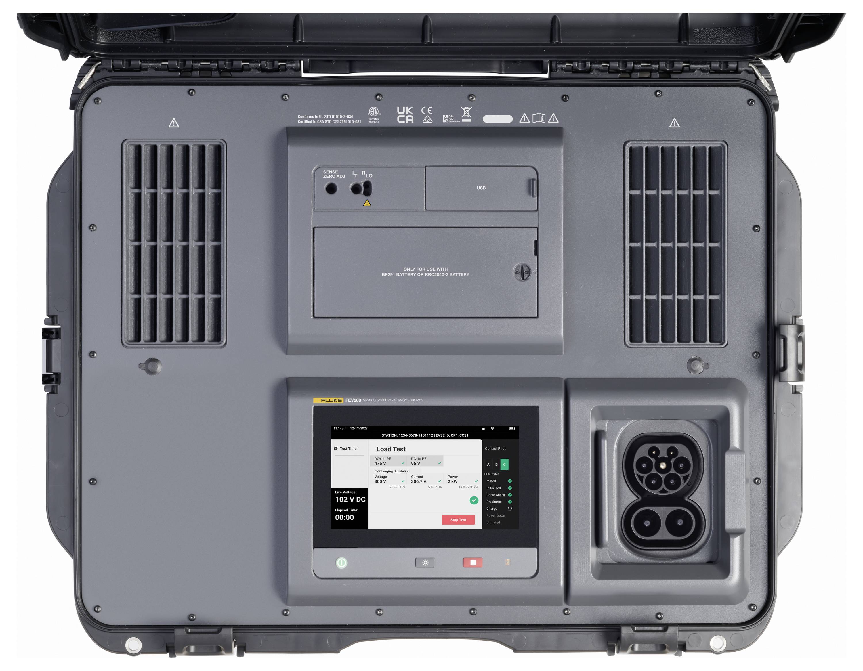 The image shows the back panel of a charger or power device with a screen displaying 'Load Test' and connectors on the right.