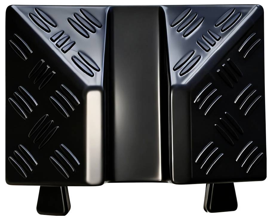 Black, retro-style two-slice toaster with a central slot and textured side panels, shown on a white background.