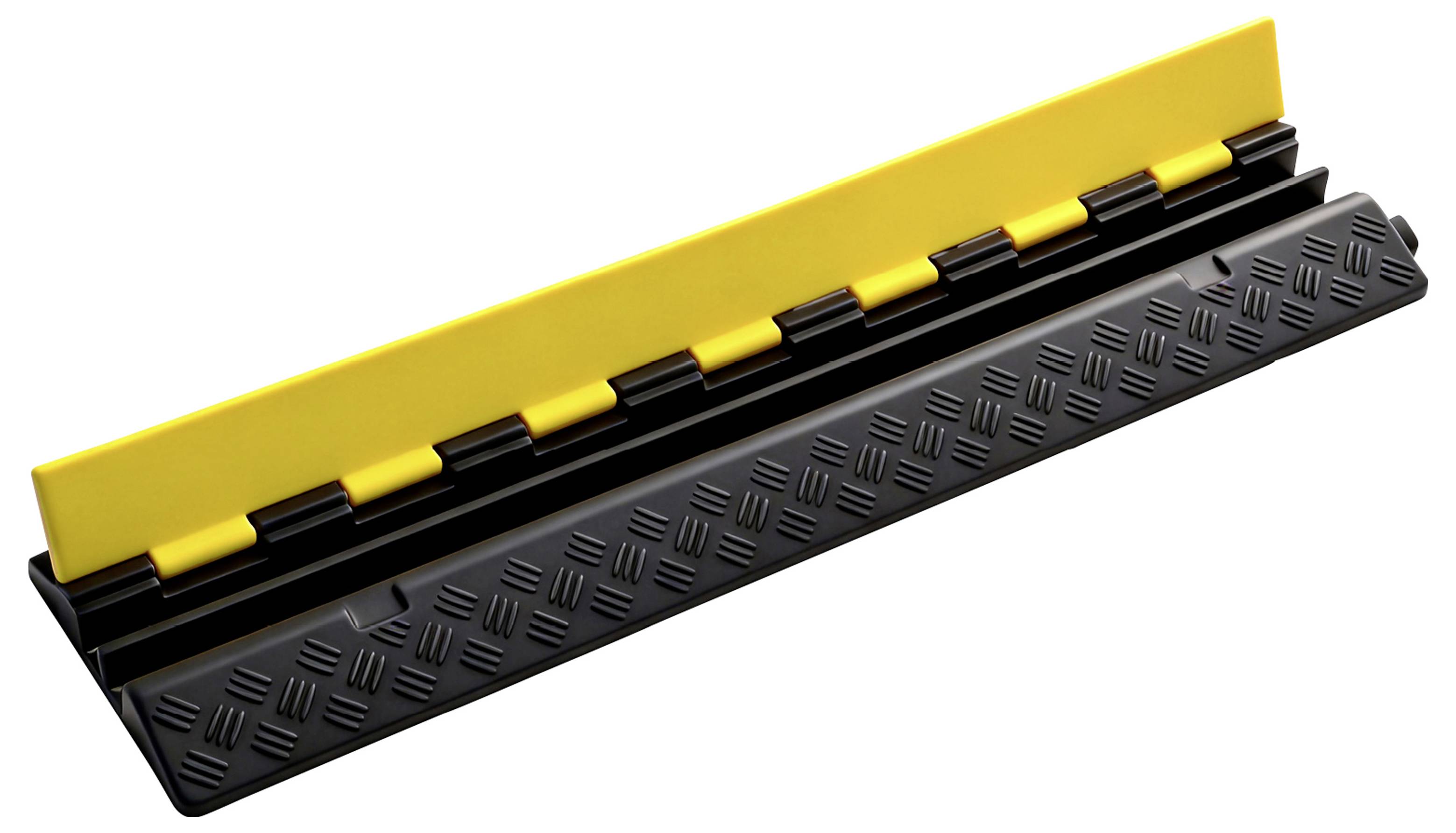 Black-and-yellow cable protector ramp with hinged top cover, used to shield cables and prevent tripping over them.