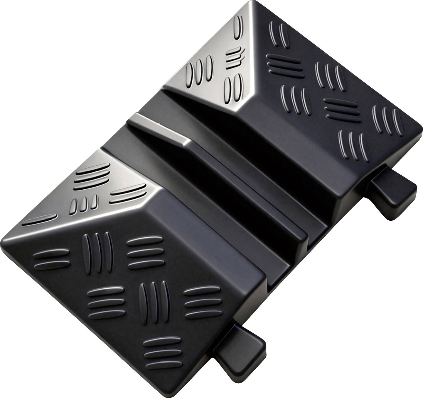 Black rubber cable protector ramp with two channels and textured non-slip surface, used to cover and protect floor cables.