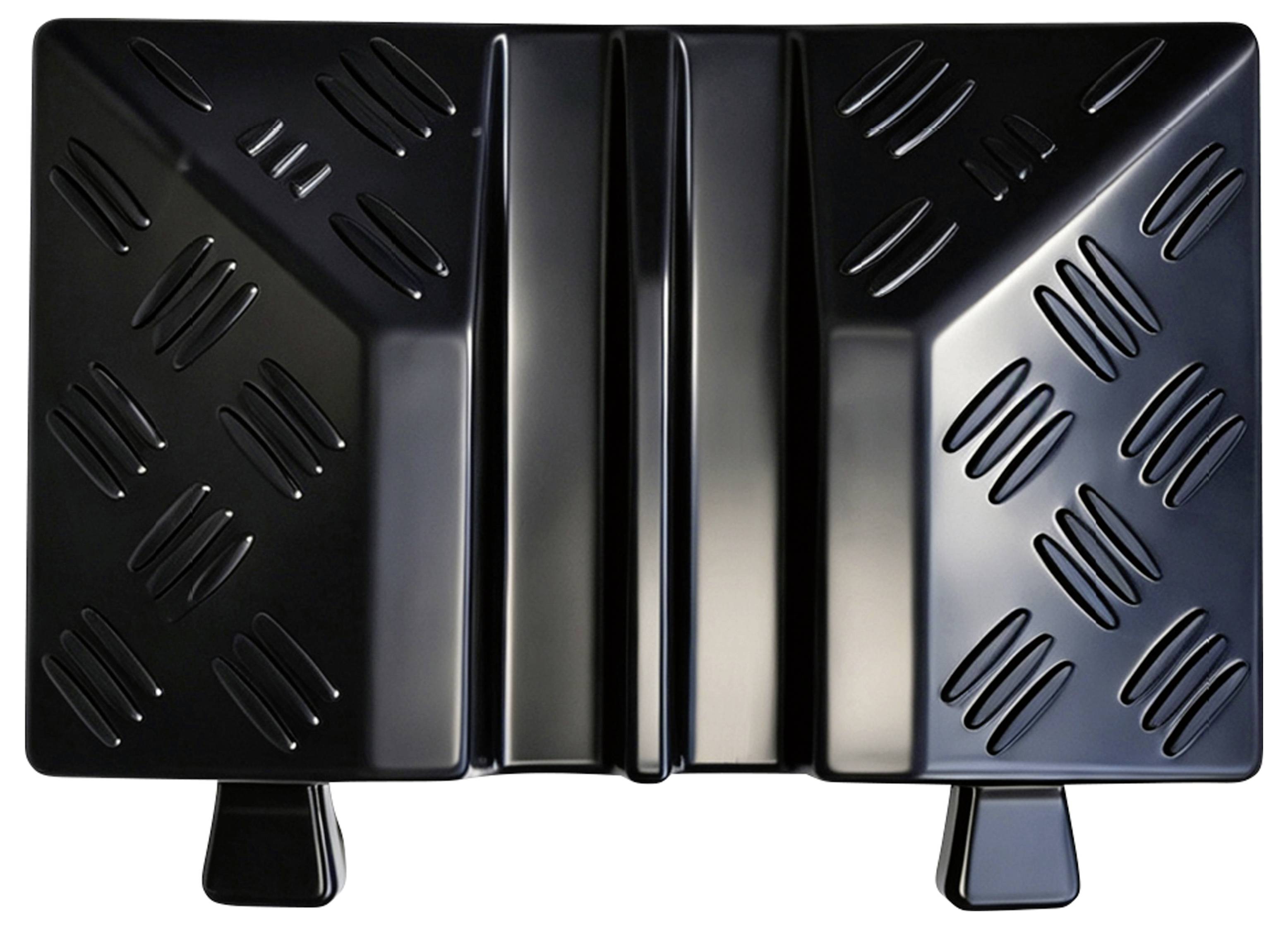 Black rectangular footrest or pedal with two side panels, central metal spine, and two small support feet on a white background.