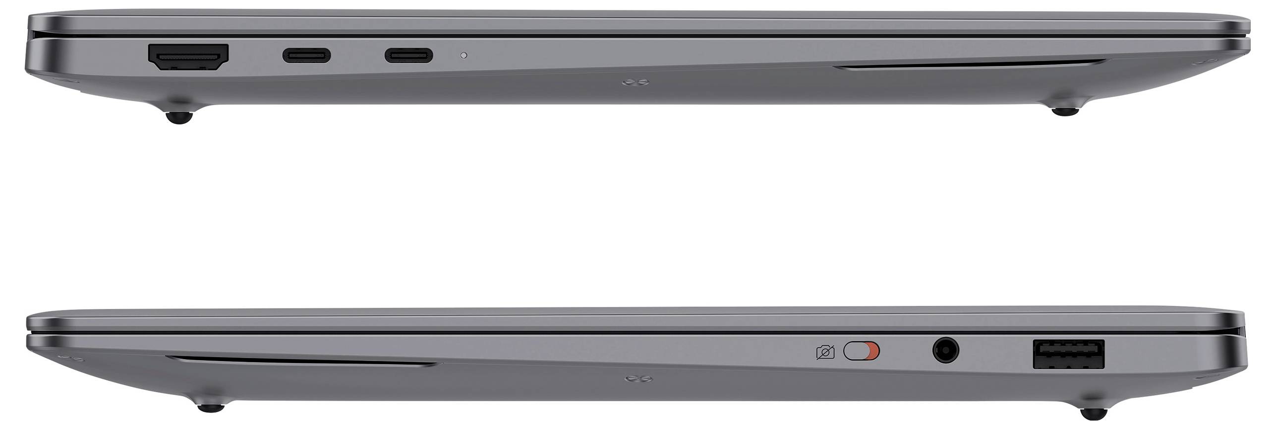Side view of a closed laptop showing ports on both sides, including HDMI, USB-C, and headphone jack, highlighting connectivity options.