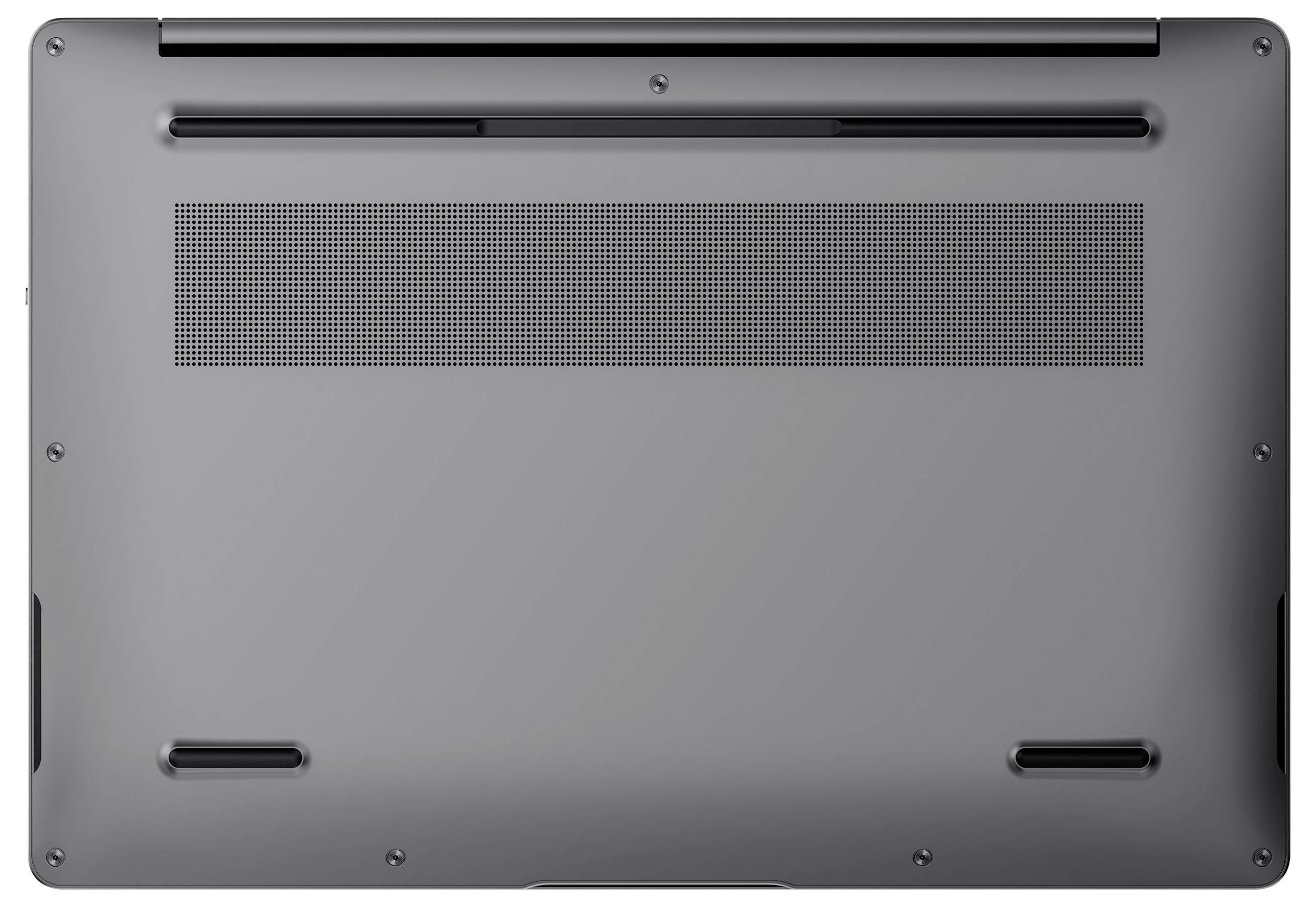 The image shows the underside of a gray laptop, featuring ventilation slots and rubberized feet at the corners for stability.