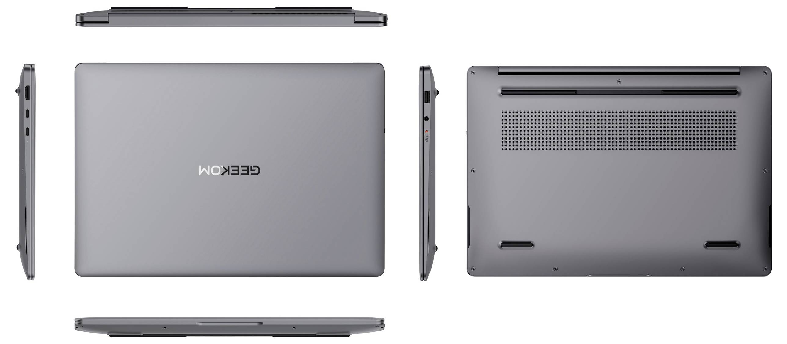 'GEEKOM' laptop shown from multiple angles: top view highlights branding, side views display ports, bottom view reveals cooling vents.