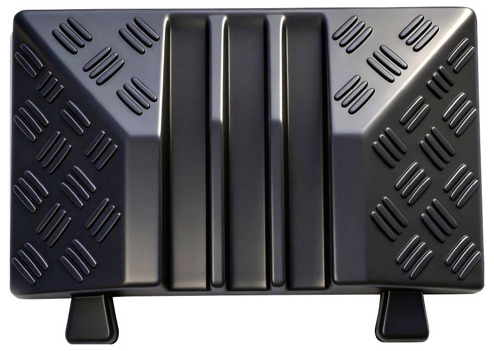 Black treadle-style foot pedal device with two supports and ribbed side panels, shown front view on a white background.