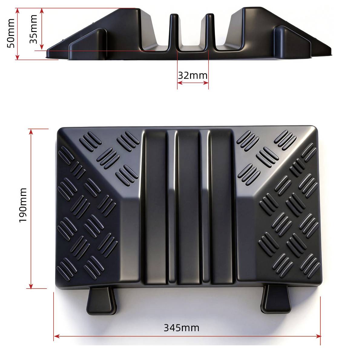 Black rubber wheel chock shown in side and top views with dimensions 345mm long, 190mm wide, 50mm high, and 32mm center gap.