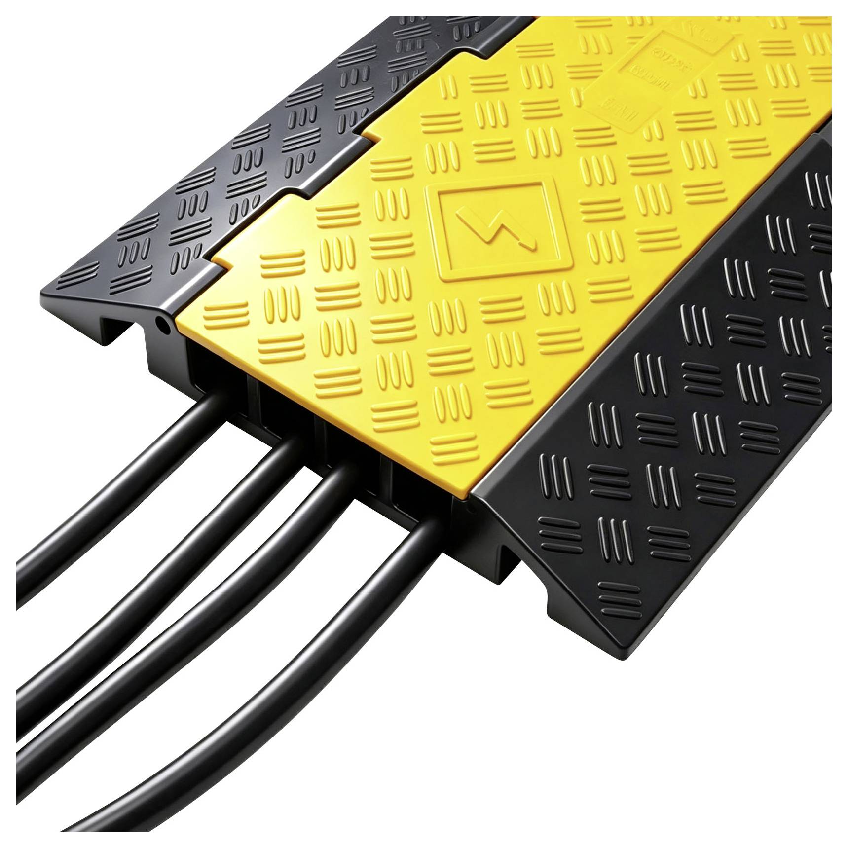 Black and yellow cable protector ramp covering four cables, with a textured warning-style top panel.<br>