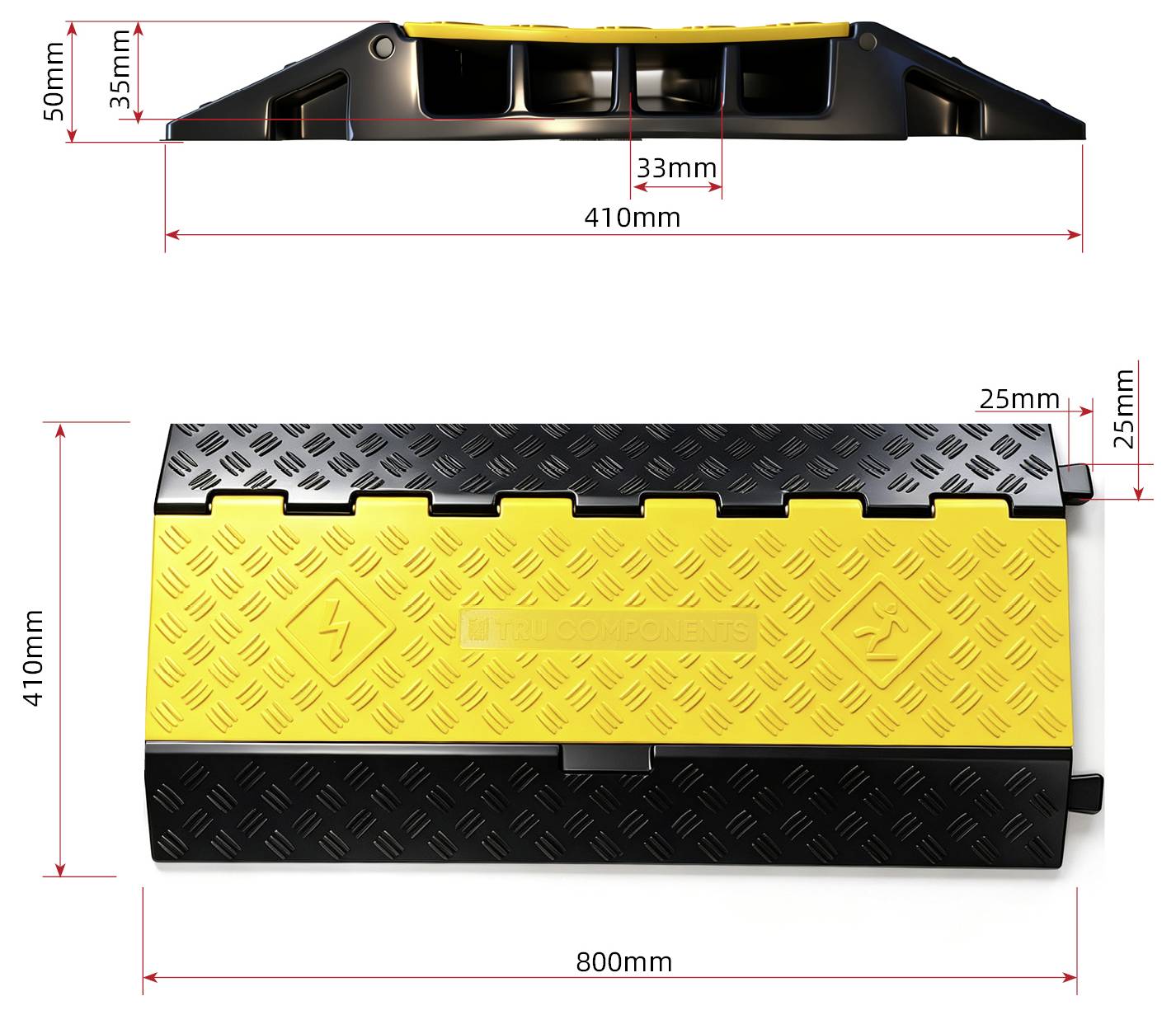 Dimensioned drawing of a yellow-and-black cable protector ramp, showing top and side views with measurements: 800mm long, 410mm wide, 50mm high, and a 33mm channel opening.